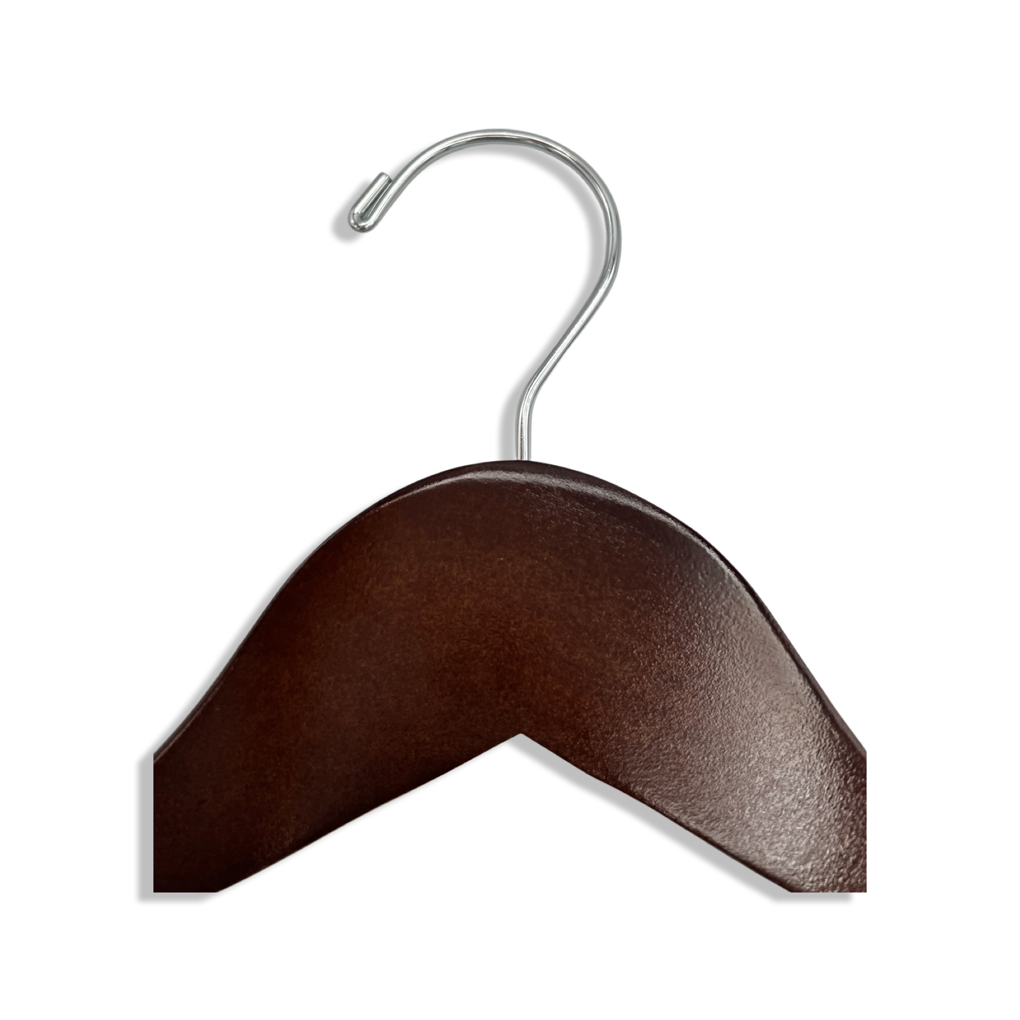 Top of a Standard Grade Dark Walnut Adult Wood Clothes Hanger with a silver hook facing to the left