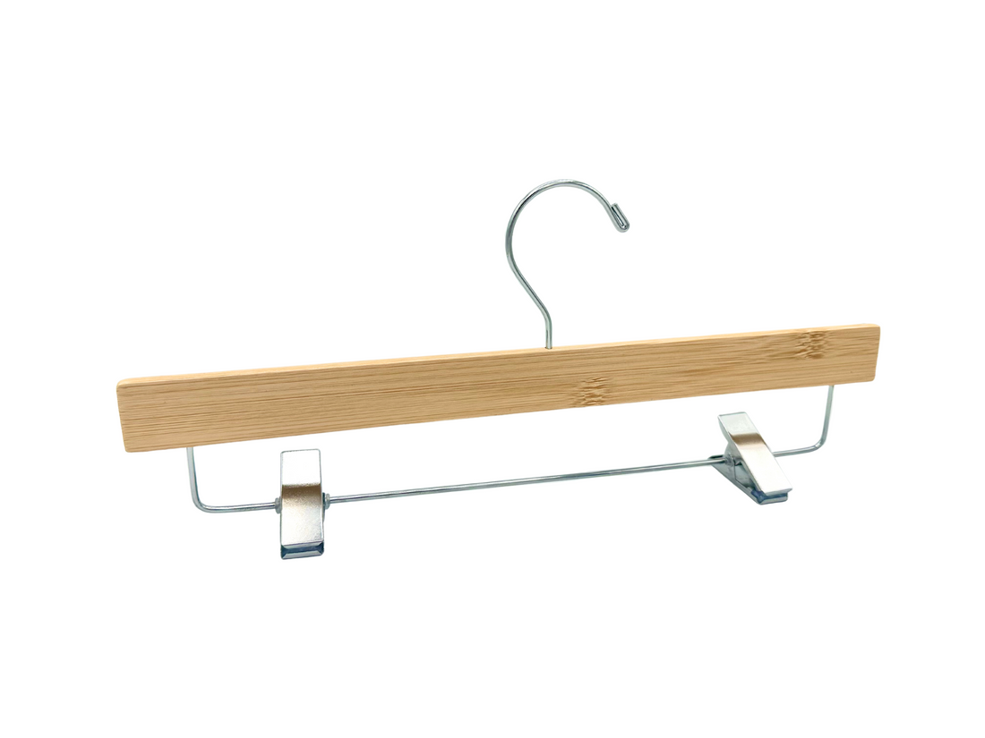 Natural Slim Space Saving Wooden Bottom Hanger with a silver, adjustable pant bar cushion clips for residential closets and retail stores