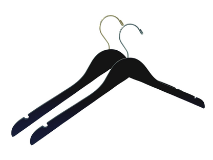 Slim Space Saving Black Wooden Adult Clothes Hangers with a gold hook and a silver hook for residential closets and retail stores 