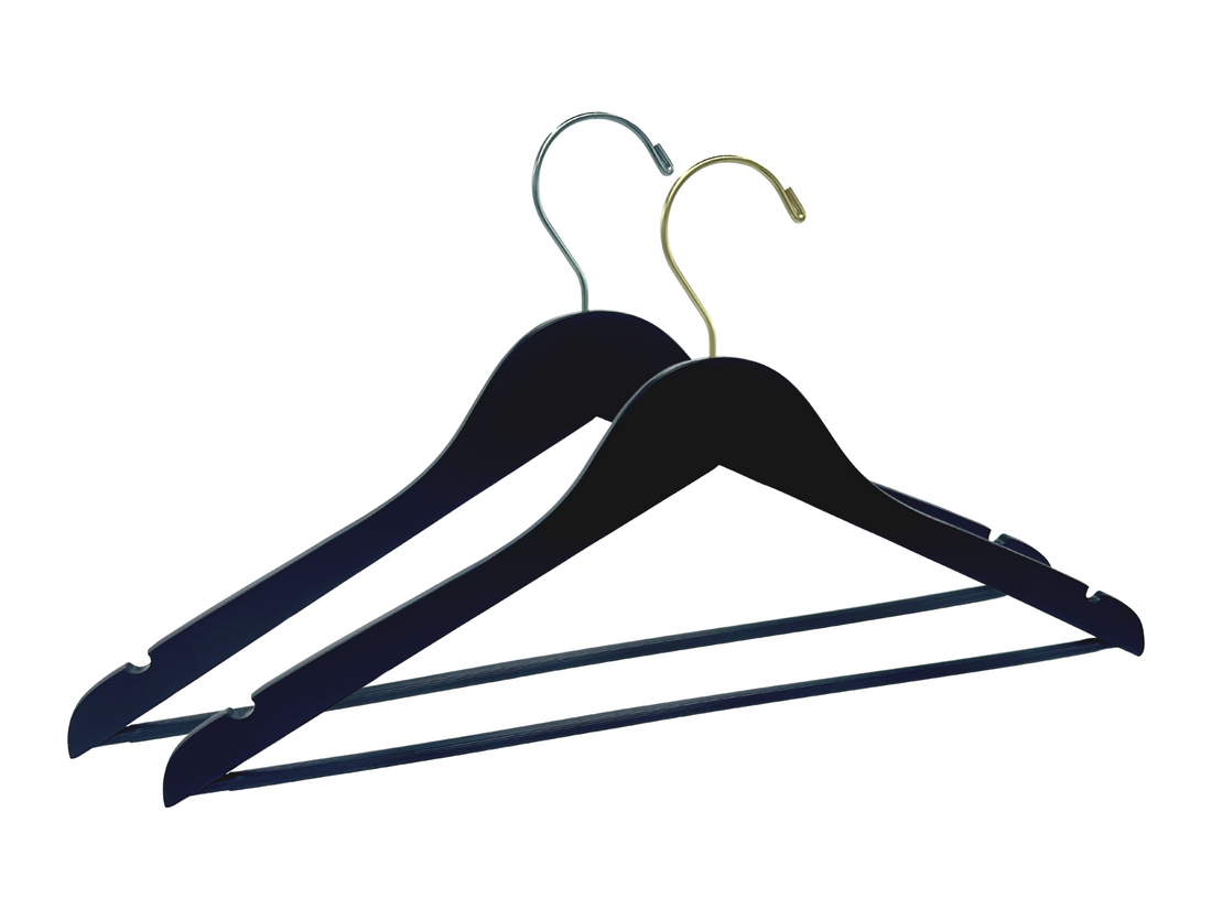 Matte Black Thin Space Saving Wooden Adult Suit Hangers with a silver hook and a gold hook for residential closets and retail stores 