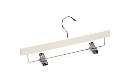 Ivory Wooden Pants Hanger with silver hardware and non-slip cushion clips for home closets and retail spaces 