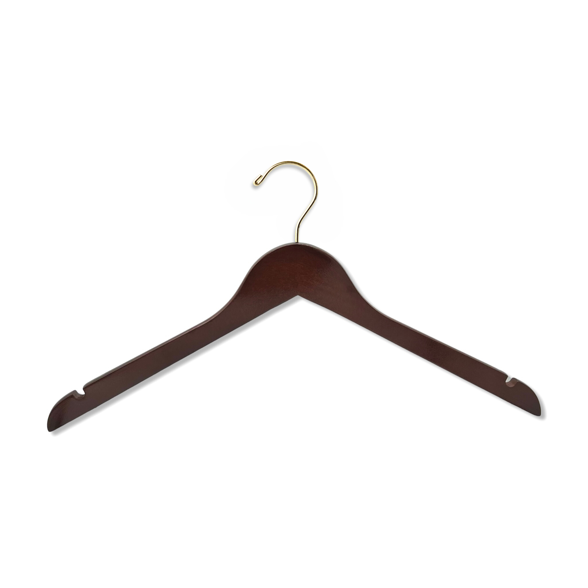 Dark Walnut Wooden Adult Top Hanger with shoulder notches and a gold hook for custom hanger designers #hook-color_gold-hook