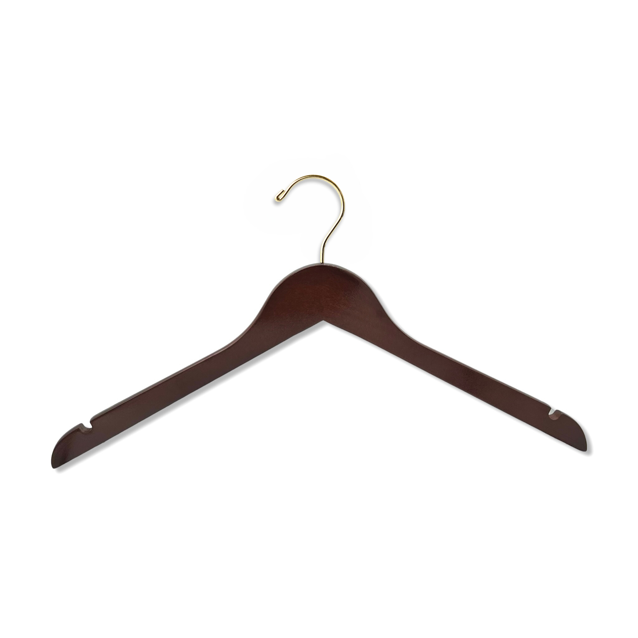 Dark Walnut Wooden Adult Top Hanger with shoulder notches and a gold hook for custom hanger designers 