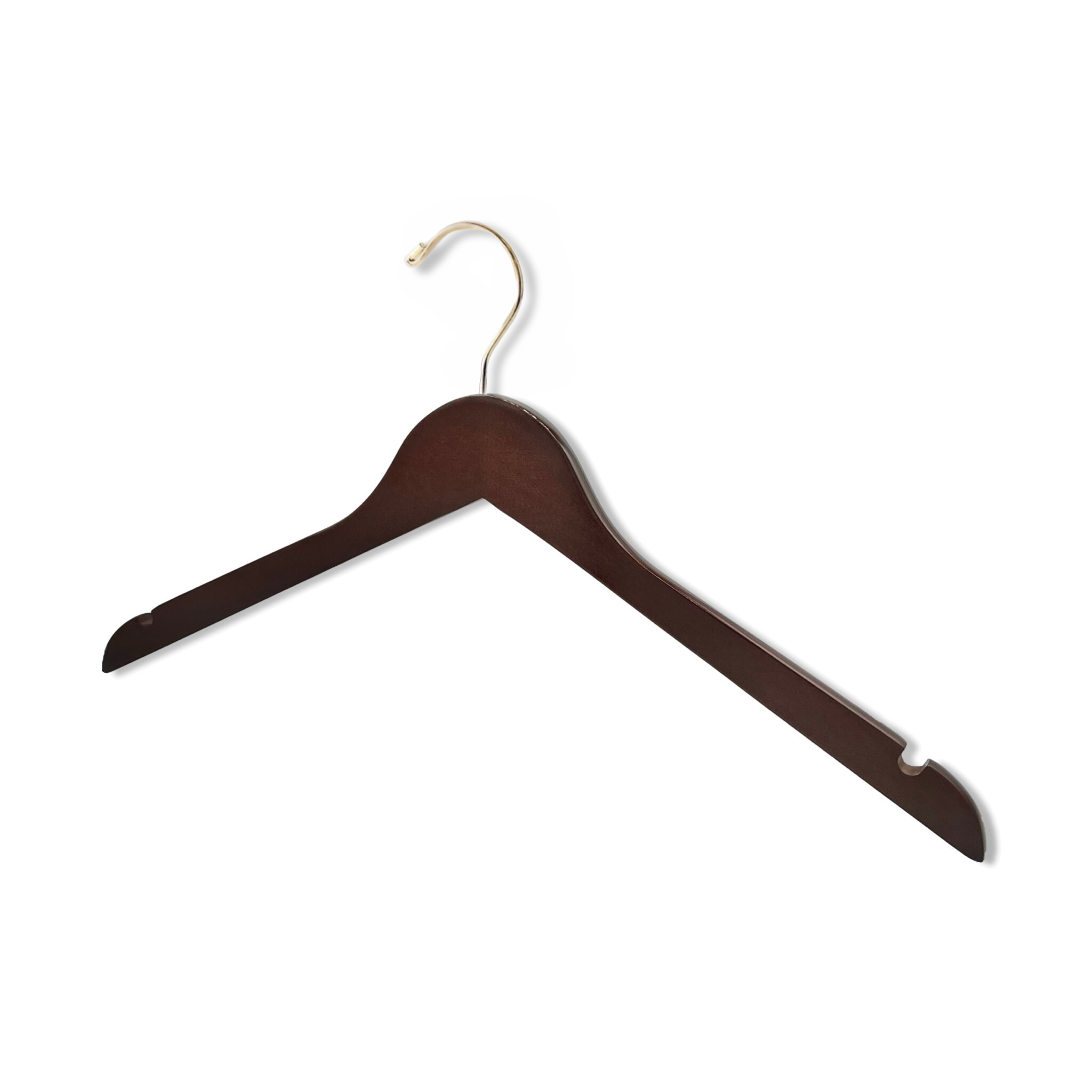 High Quality Dark Walnut Wood Top Hanger with shoulder notches and a gold hook for closets and stores #hook-color_gold-hook