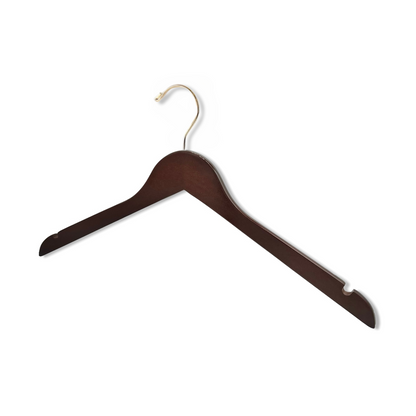 High Quality Dark Walnut Wood Top Hanger with shoulder notches and a gold hook for closets and stores 