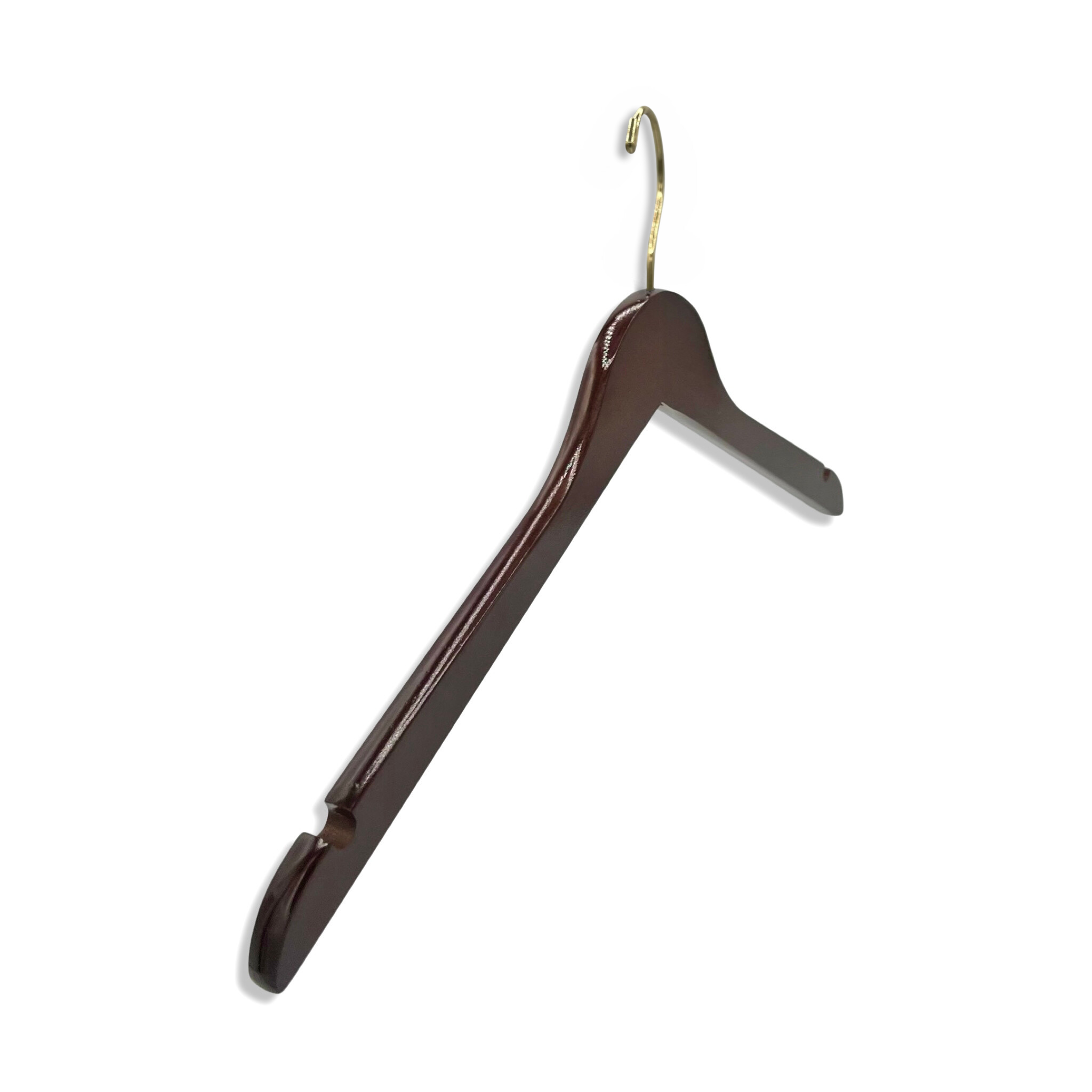 A Royal Hangers Dark Walnut Wooden Clothes Hanger for adults with a gold hook standing upright and facing forward 