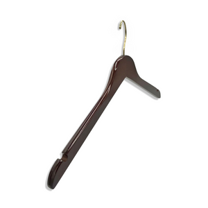 A Royal Hangers Dark Walnut Wooden Clothes Hanger for adults with a gold hook standing upright and facing forward #hook-color_gold-hook