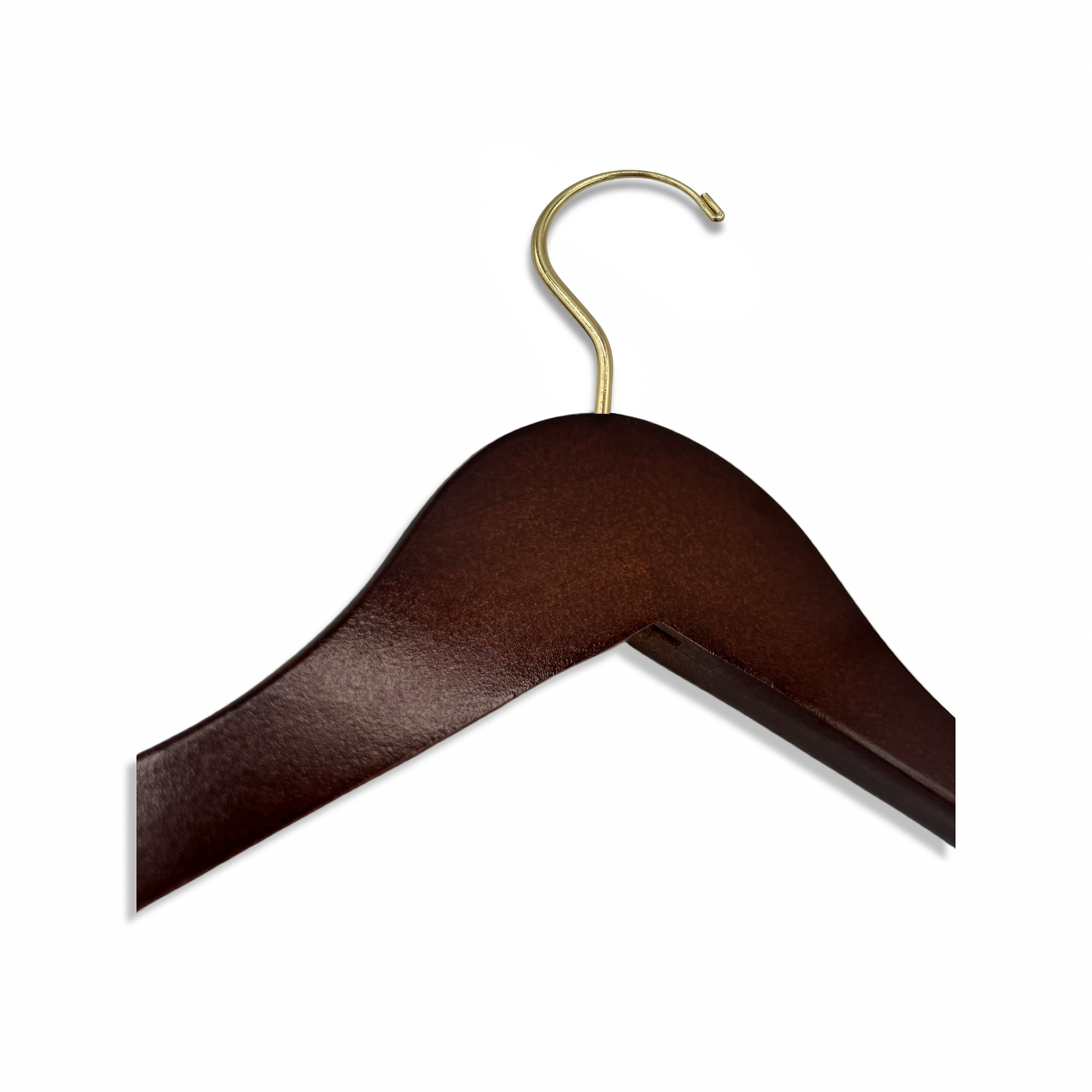 Dark Walnut Wooden Clothes Hanger lying down with a gold hook facing to the right 