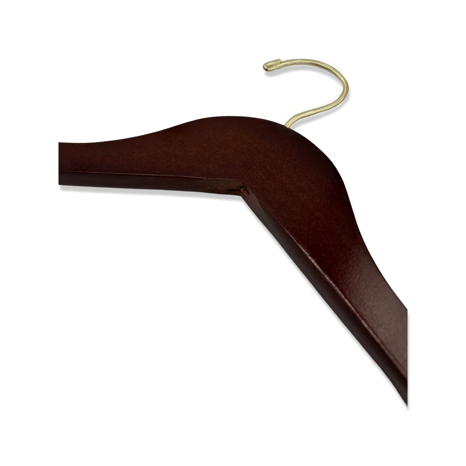 Dark Walnut Wooden Clothes Hanger lying down with a gold hook facing to the left 