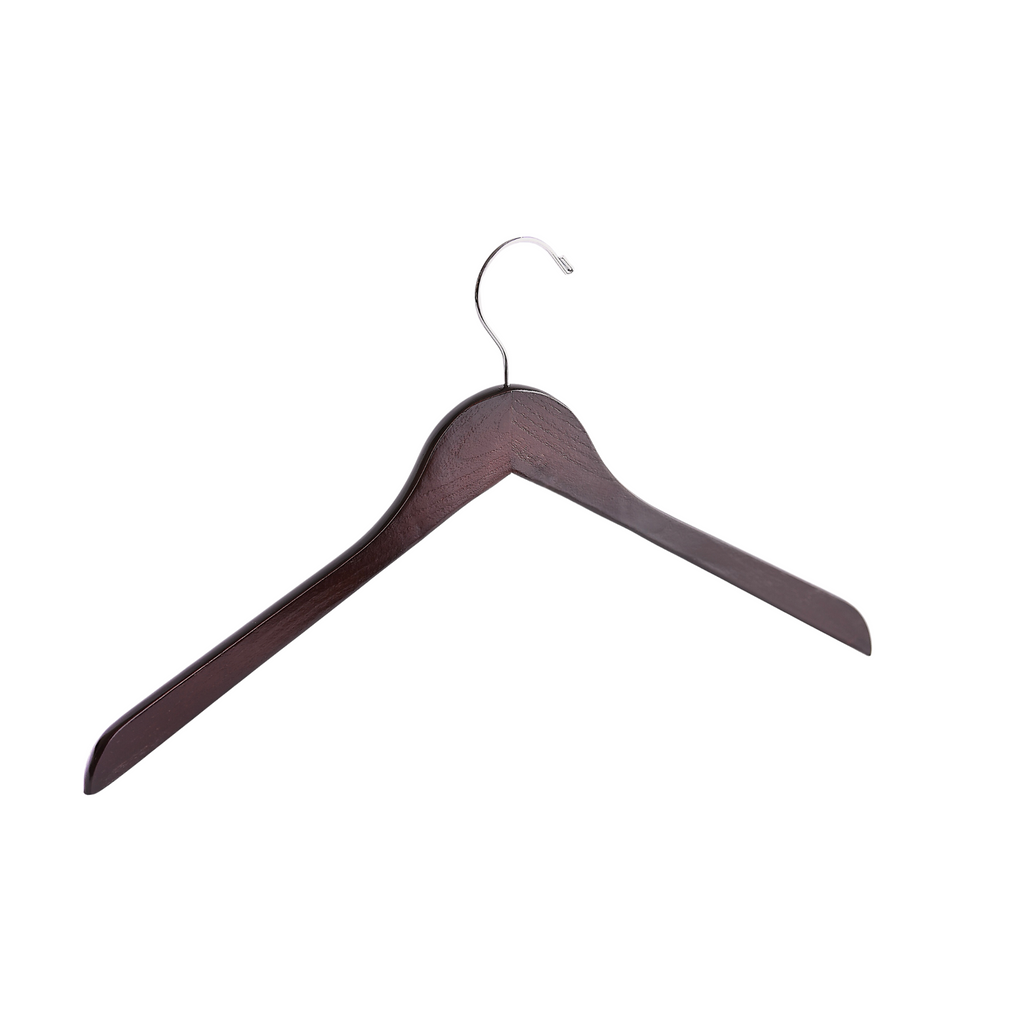 Dark Walnut Wooden Clothes Hanger with a silver hook and no shoulder notches for residential closets and retail stores