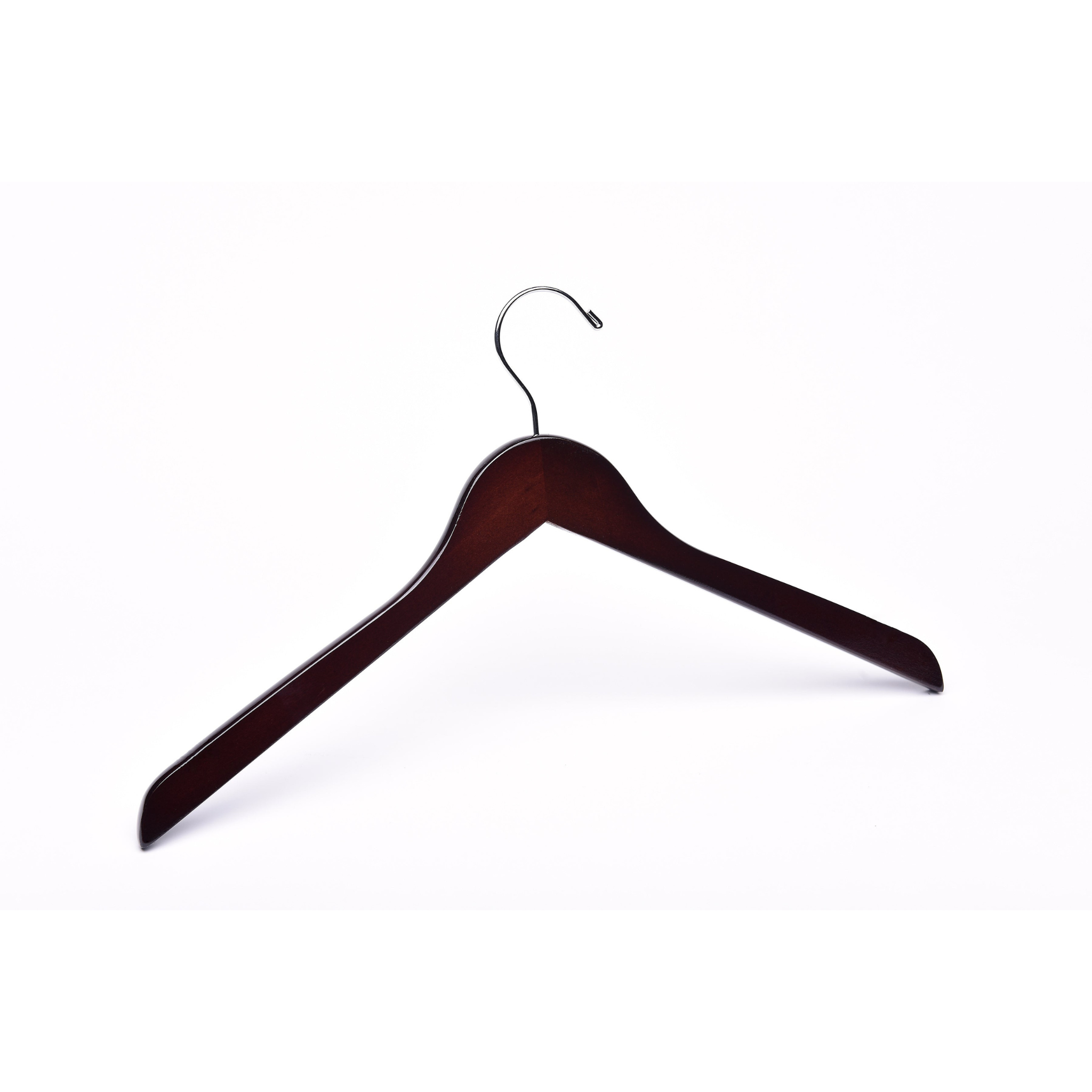 High Quality Dark Walnut Wood Top Hanger with no shoulder notches and a silver hook for closets and stores