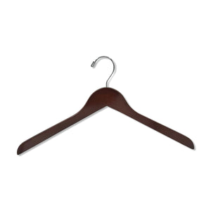 Dark Walnut Wooden Adult Top Hanger with no shoulder notches and a silver hook for home closets and retail spaces