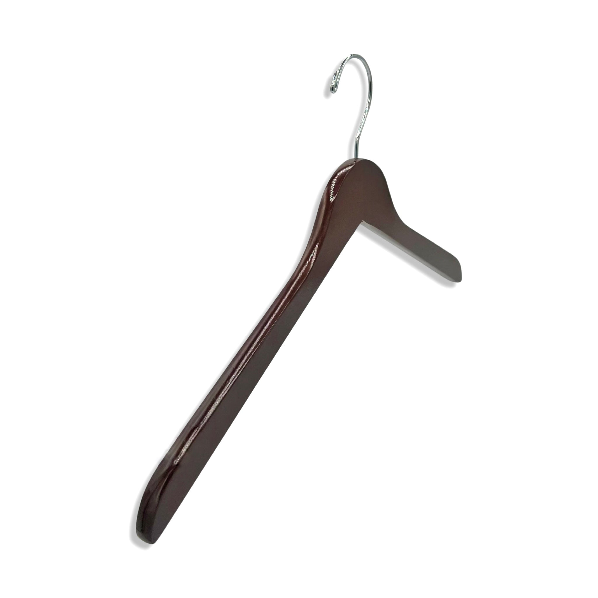 Dark Walnut Wooden Adult Clothes Hanger with a silver hook and no shoulder notches for luxury closets and stores