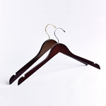 Load image into Gallery viewer, Two Dark Walnut Wooden Adult Clothes Hangers with a gold hook and a silver hook for residential closets and retail stores #hook-color_gold-hook
