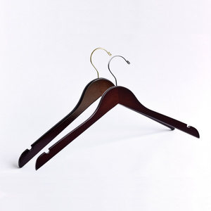 Two Dark Walnut Wooden Adult Clothes Hangers with a silver hook and a gold hook for residential closets and retail stores #hook-color_silver-hook
