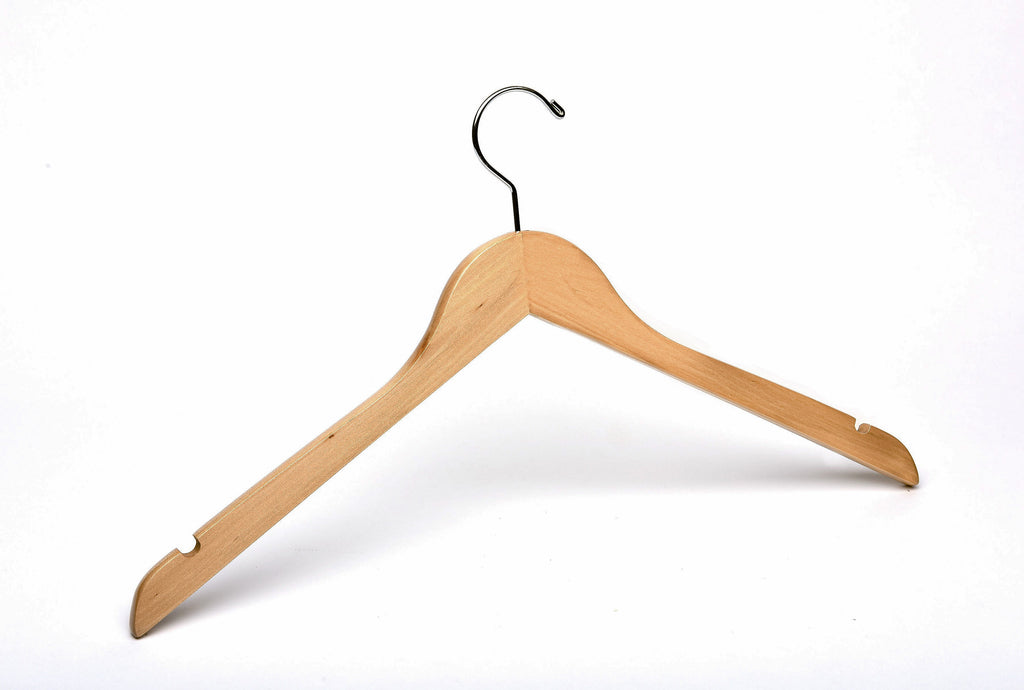 Natural Wood Clothes Hanger with a silver hook and shoulder notches for residential closets and retail stores