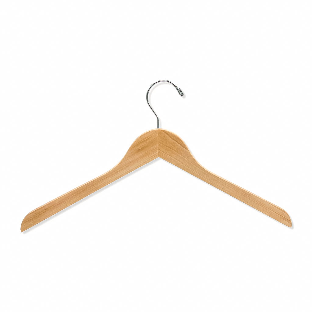Natural Wood Clothes Hanger with a silver hook and no shoulder notches for residential closets and retail stores