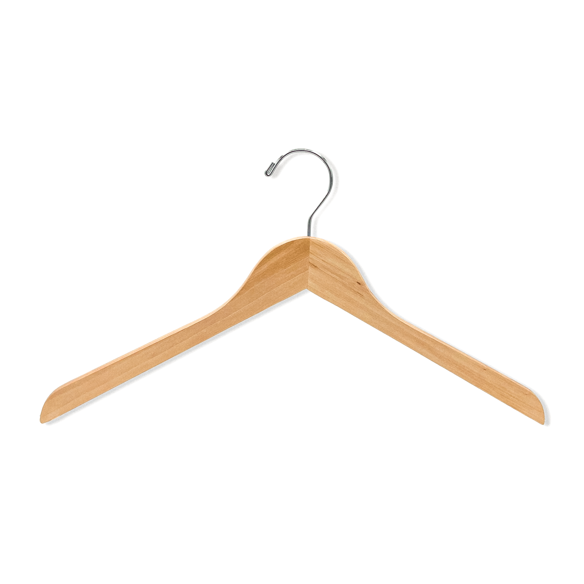 Natural Solid Maple Wood Adult Clothes Hanger with no shoulder notches and a silver hook for closets and stores