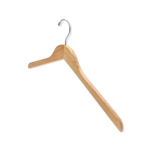 Royal Hangers Natural Maple Wood Top Hanger for adults with a silver hook and no shoulder notches facing away to the left