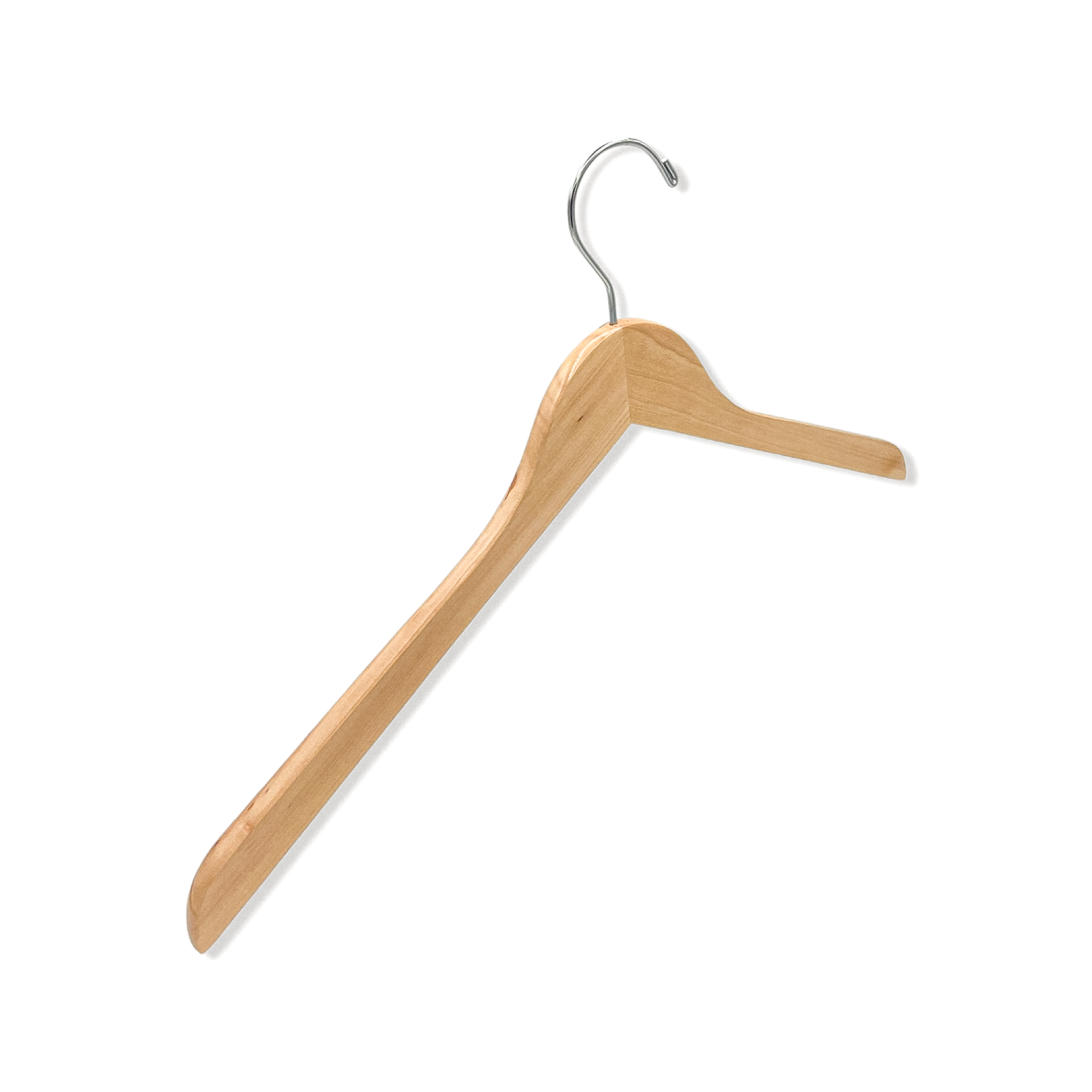 Royal Hangers Natural Maple Wood Top Hanger for adults with a silver hook and no shoulder notches facing away to the right