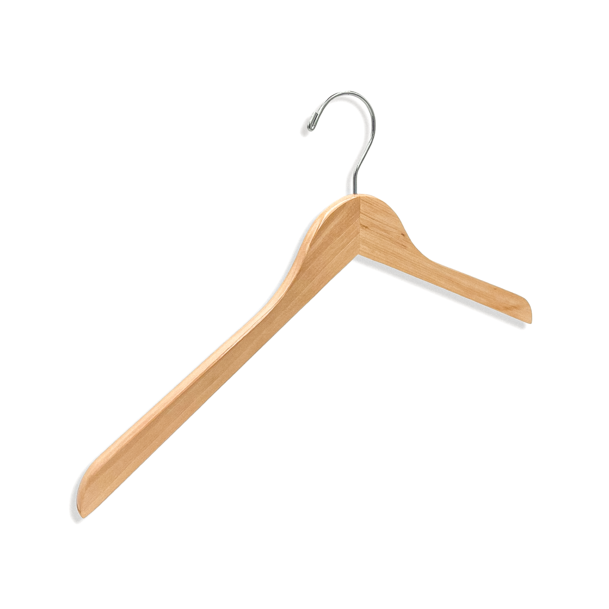 Natural Wooden Adult Top Hanger with no shoulder notches and a silver hook for home closets and retail spaces