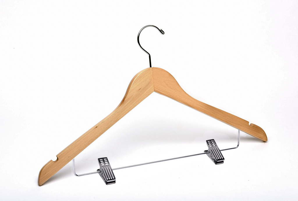 Natural Wooden Combination Hanger with a silver hook, bar, and cushion clips for residential closets and retail stores