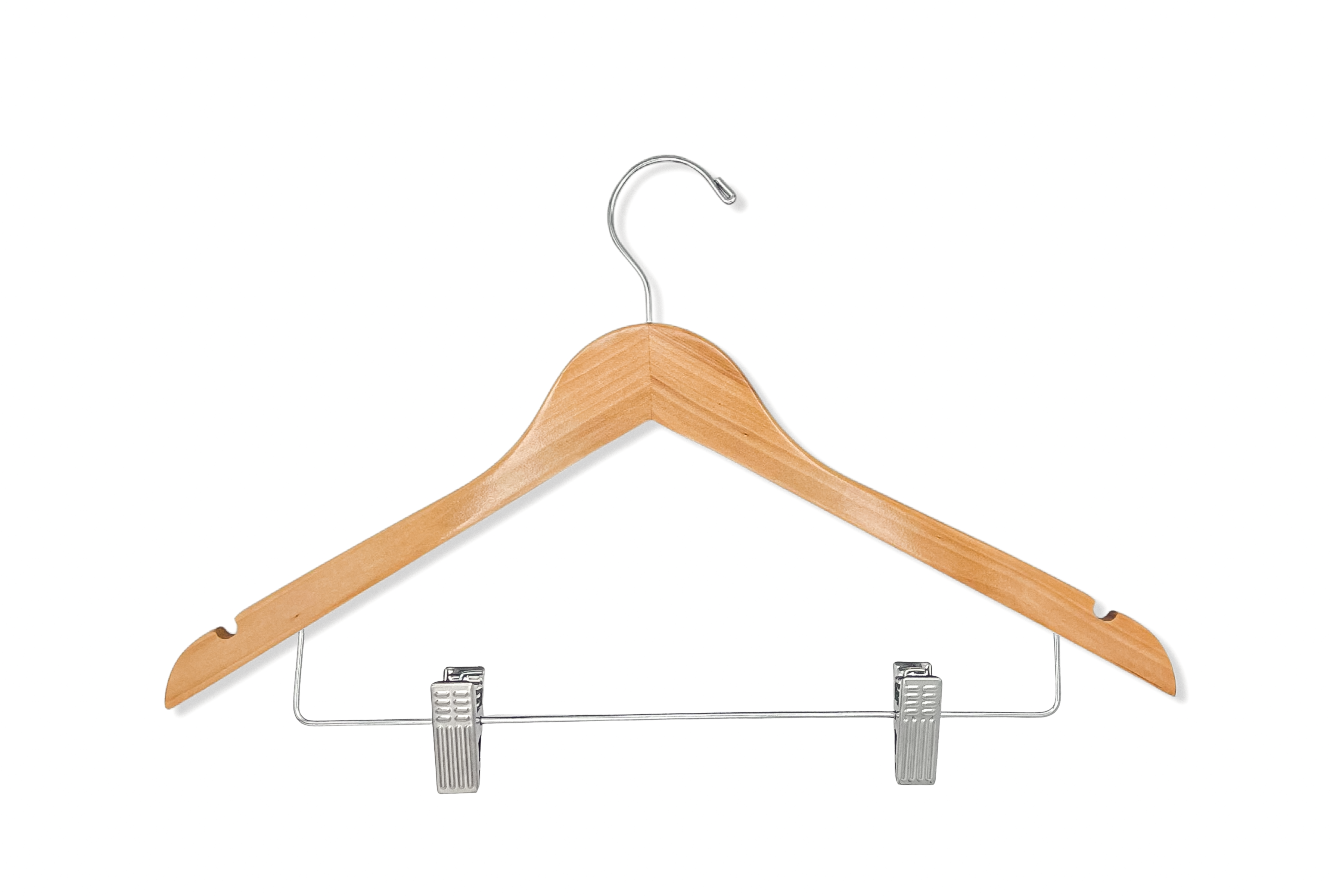 Set of 100 Natural Wood Combo Hangers w/ Clips & Notches Closed Loop