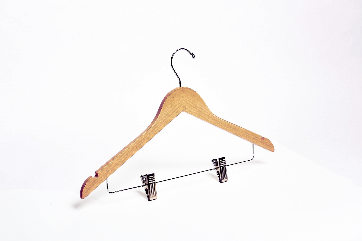 Dark Walnut Wooden Combination Hanger with a silver hook, bar, and adjustable cushion clips for boutiques and homes