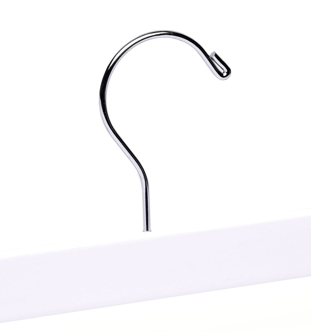 Top of a high quality Stark White Wooden Bottom Hanger for adults with a silver hook facing to the right #hardware-color_silver