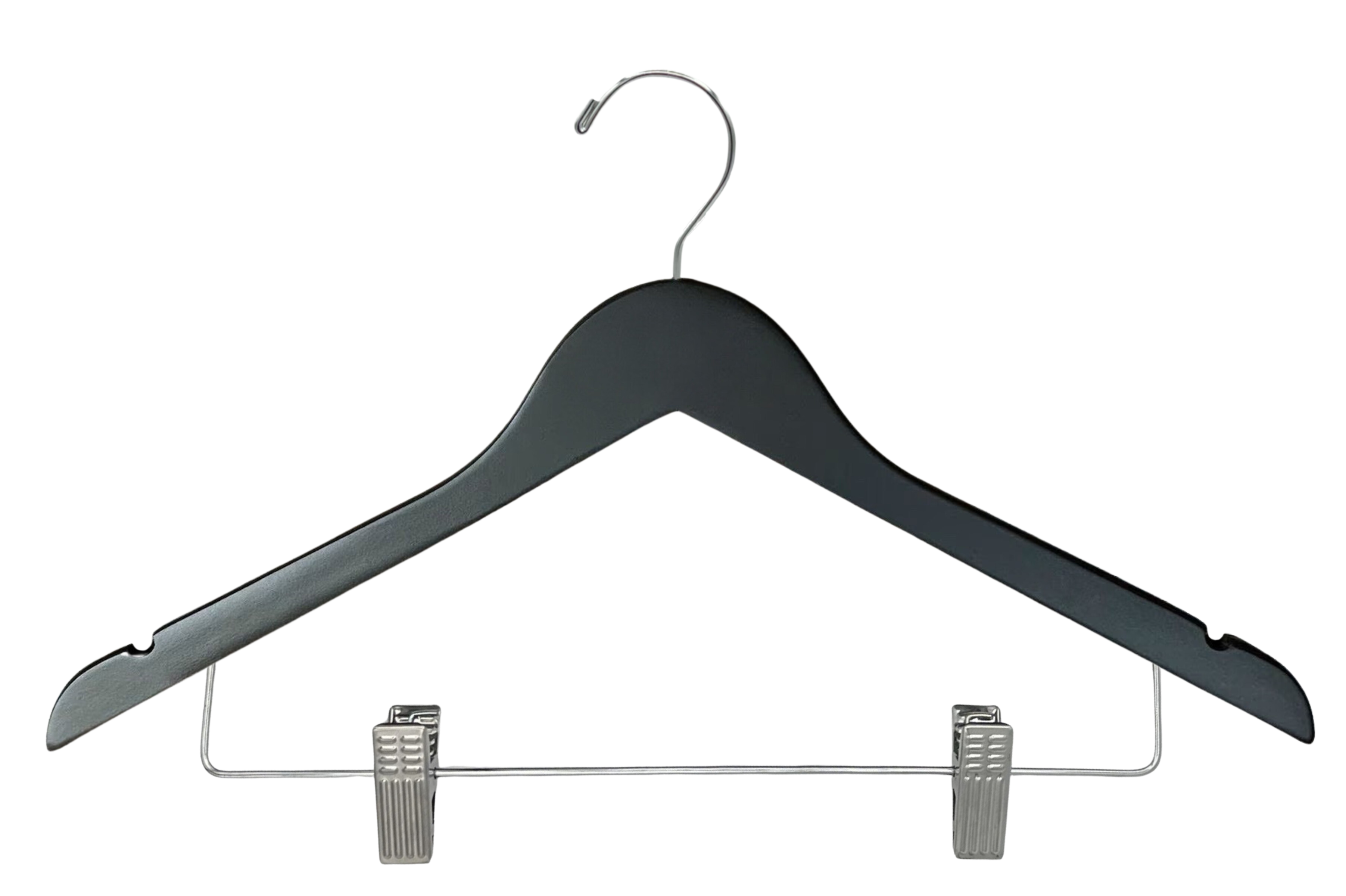 Matte Black Wooden Combination Hanger with adjustable cushion clips to hang both your top and bottom clothing
