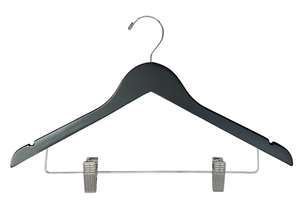 Matte Black Wooden Combination Hanger with adjustable cushion clips to hang both your top and bottom clothing