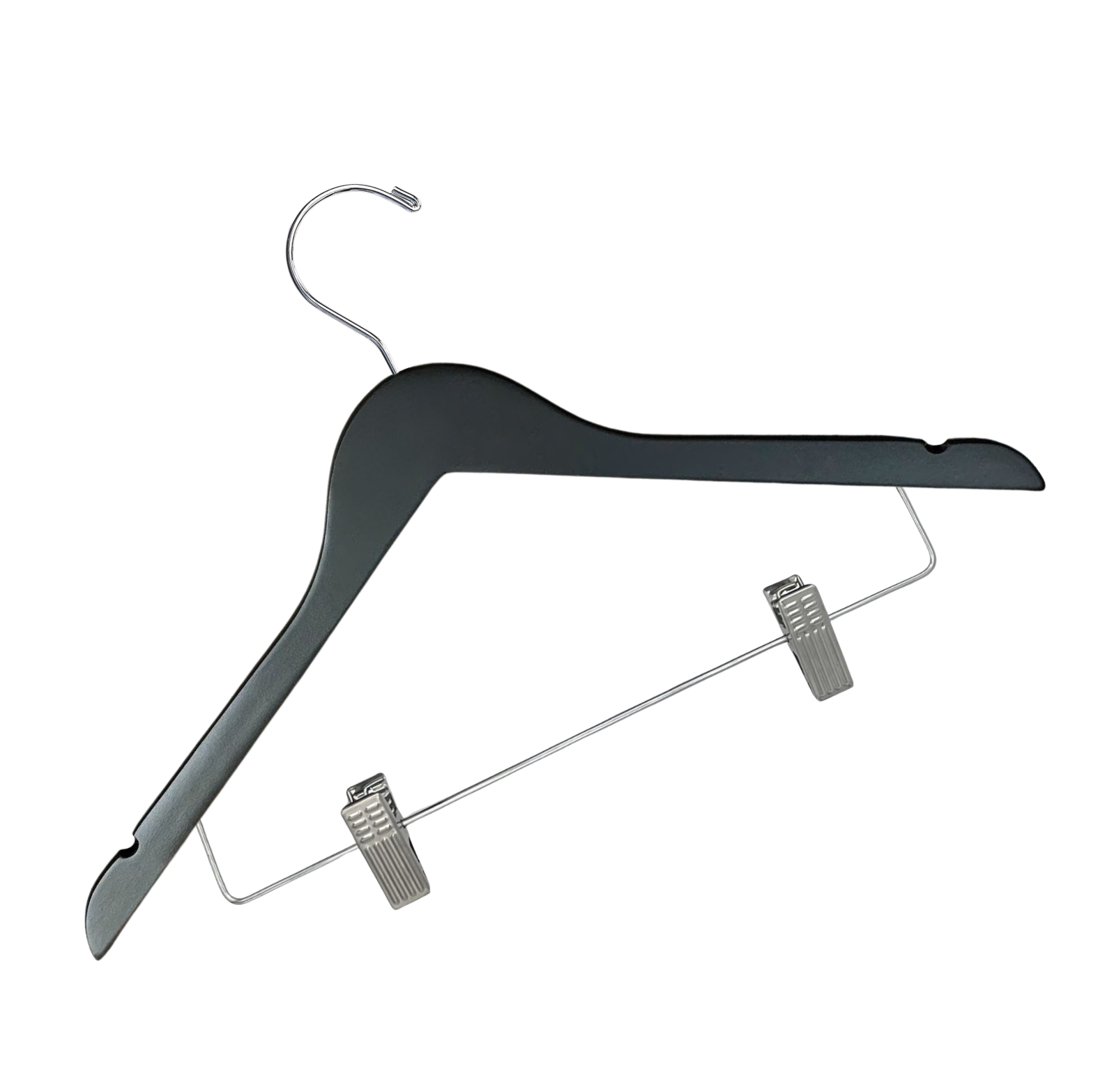 Customizable Matte Black Wooden Combination Hanger with silver anti-stain, anti-slip, adjustable cushion clips for adults