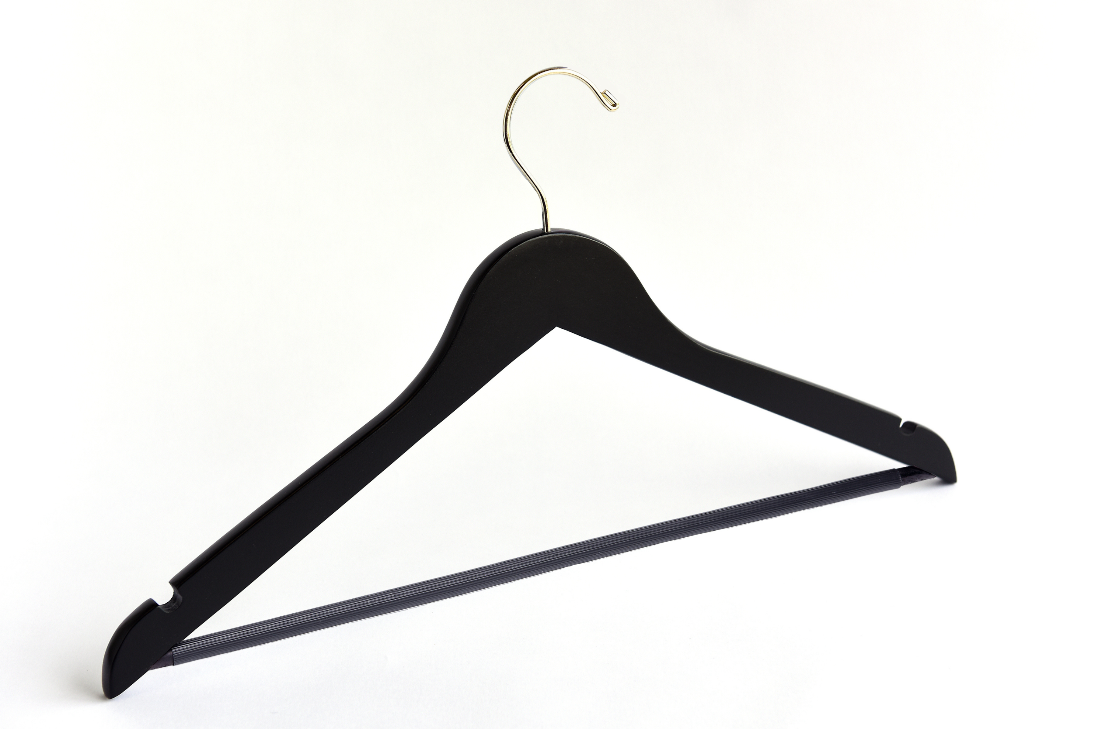 Matte Black Wooden Flat Suit Hanger with a gold hook, shoulder notches, and pant bar for custom bridal hanger designers #hook-color_gold-hook