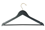 Load image into Gallery viewer, Customizable Matte Black Wood Suit Hanger with a gold hook, shoulder notches, and non-slip pant bar for closets and stores #hook-color_gold-hook
