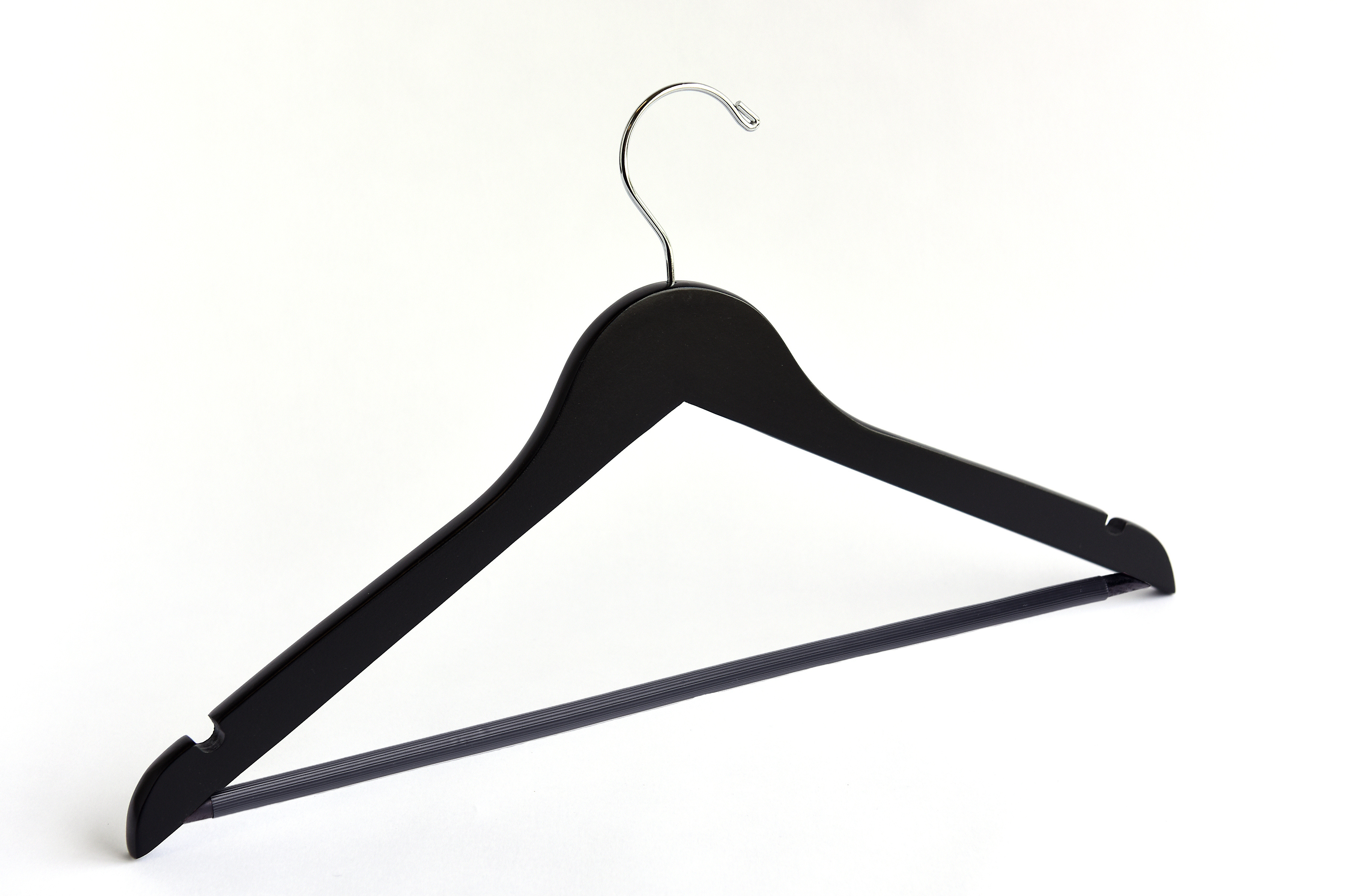 Matte Black Wooden Flat Suit Hanger with a silver hook, shoulder notches, and pant bar for custom bridal hanger designers #hook-color_silver-hook