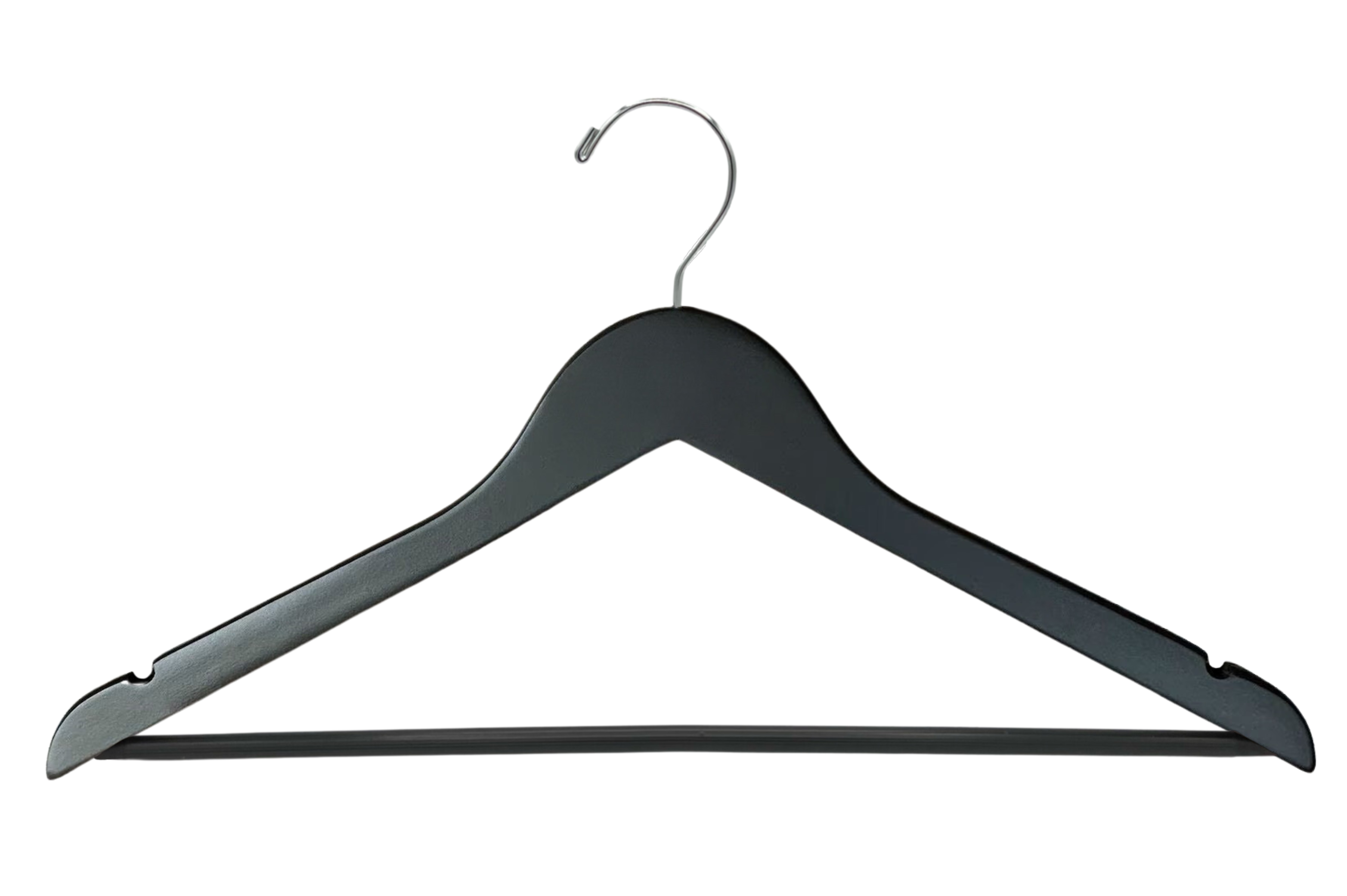Customizable Matte Black Wood Suit Hanger with silver hook, shoulder notches, and non-slip pant bar for closets and stores #hook-color_silver-hook