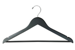 Load image into Gallery viewer, Customizable Matte Black Wood Suit Hanger with silver hook, shoulder notches, and non-slip pant bar for closets and stores #hook-color_silver-hook
