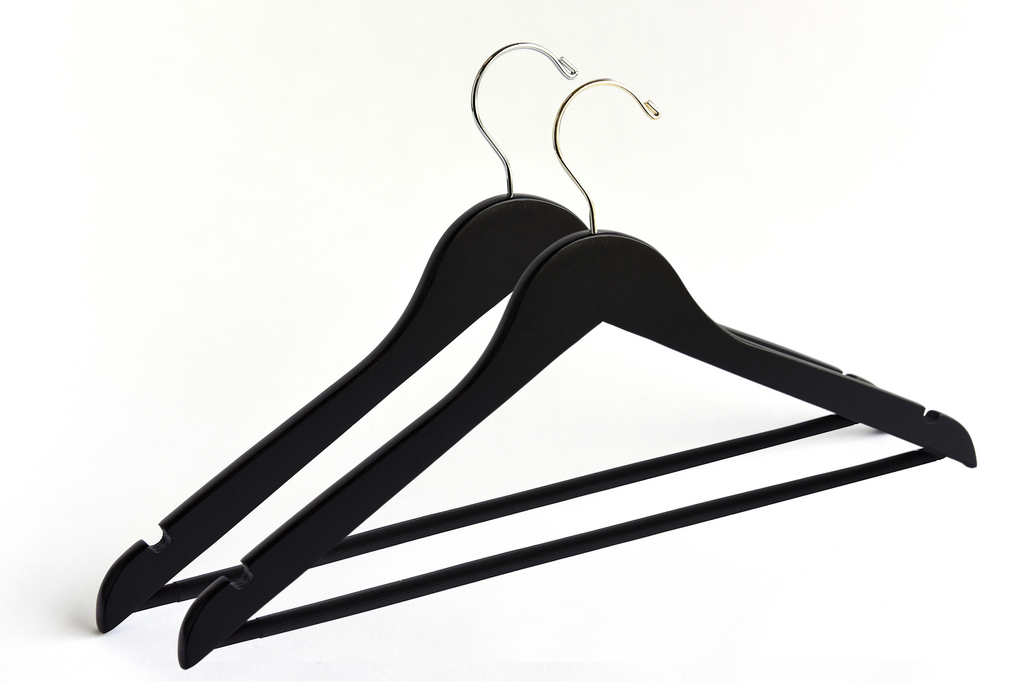Two Matte Black Wooden Adult Suit Hangers with a gold hook and a silver hook for residential closets and retail stores #hook-color_gold-hook