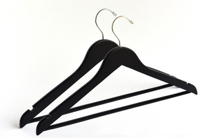 Two Matte Black Wooden Adult Suit Hangers with a gold hook and a silver hook for residential closets and retail stores #hook-color_silver-hook