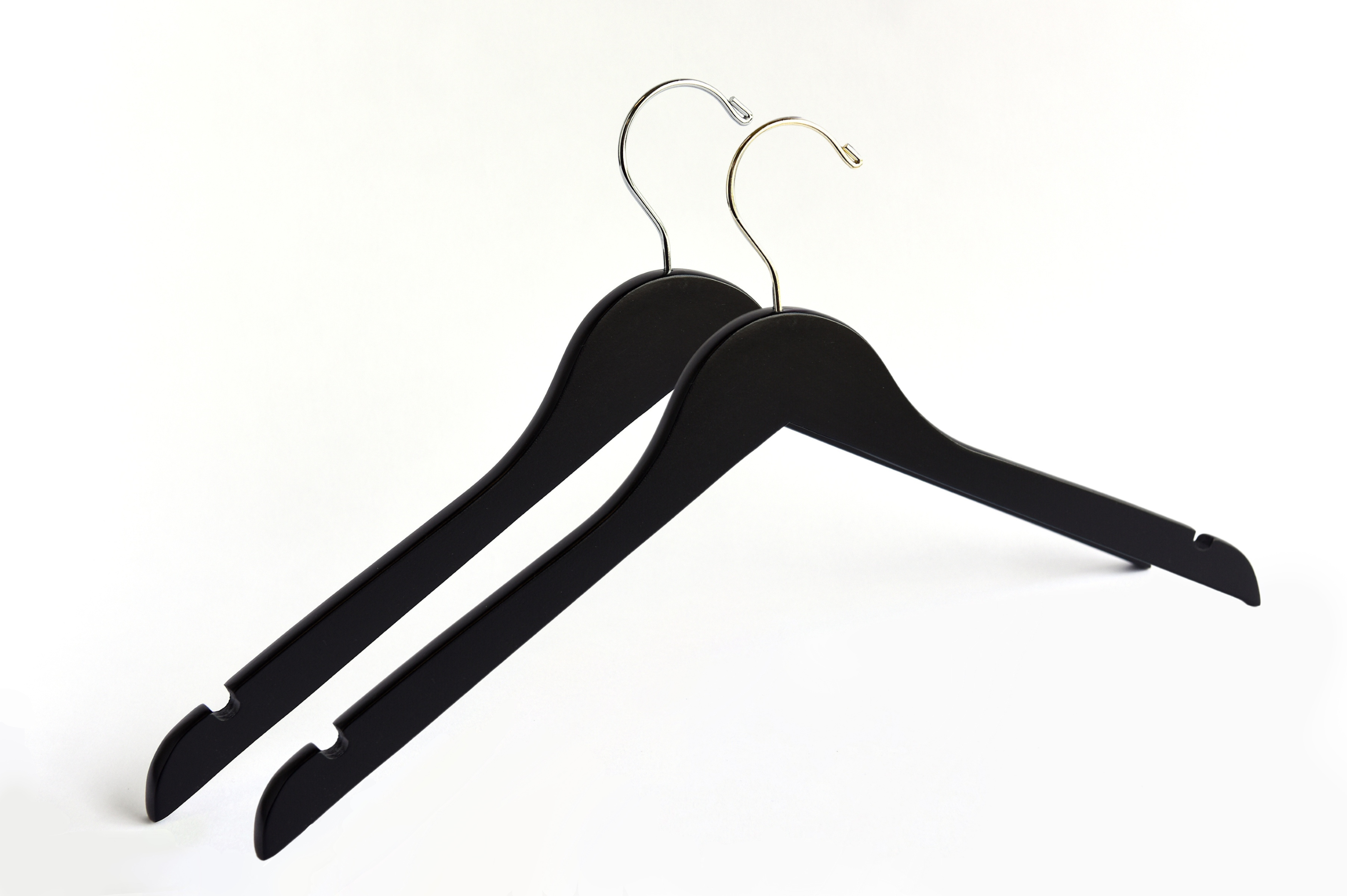 Two Matte Black Wooden Adult Clothes Hangers with a gold hook and a silver hook for residential closets and retail stores 