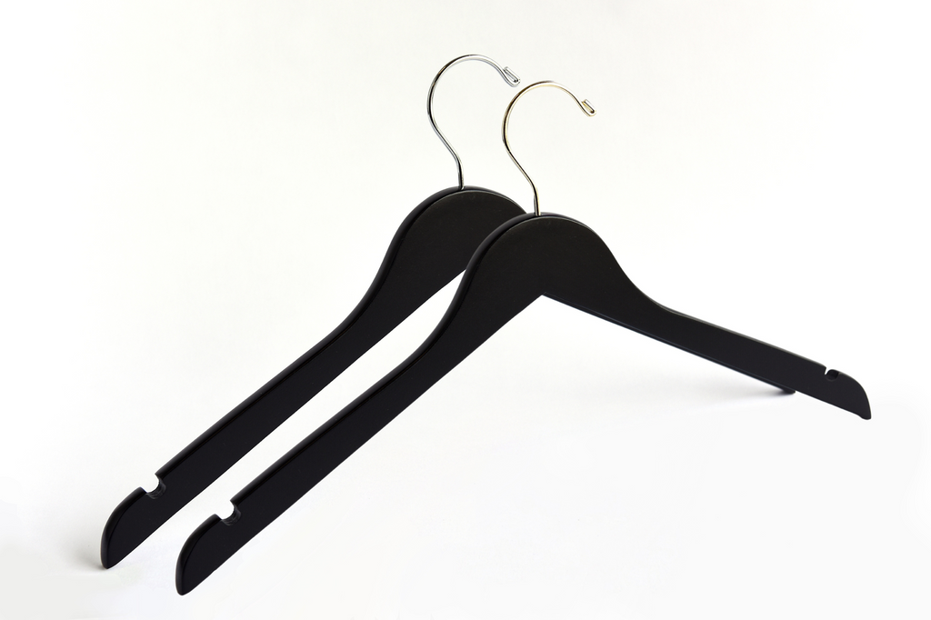 Two Matte Black Wooden Adult Clothes Hangers with a gold hook and a silver hook for residential closets and retail stores #hook-color_silver-hook