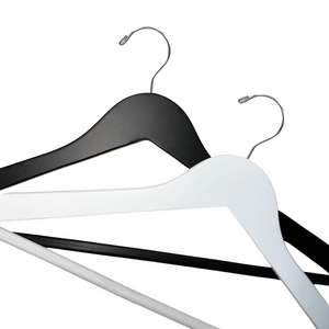 Royal Hangers White and Matte Black Wooden Flat Suit Hangers with silver hooks and anti-slip pants bar #hook-color_silver-hook