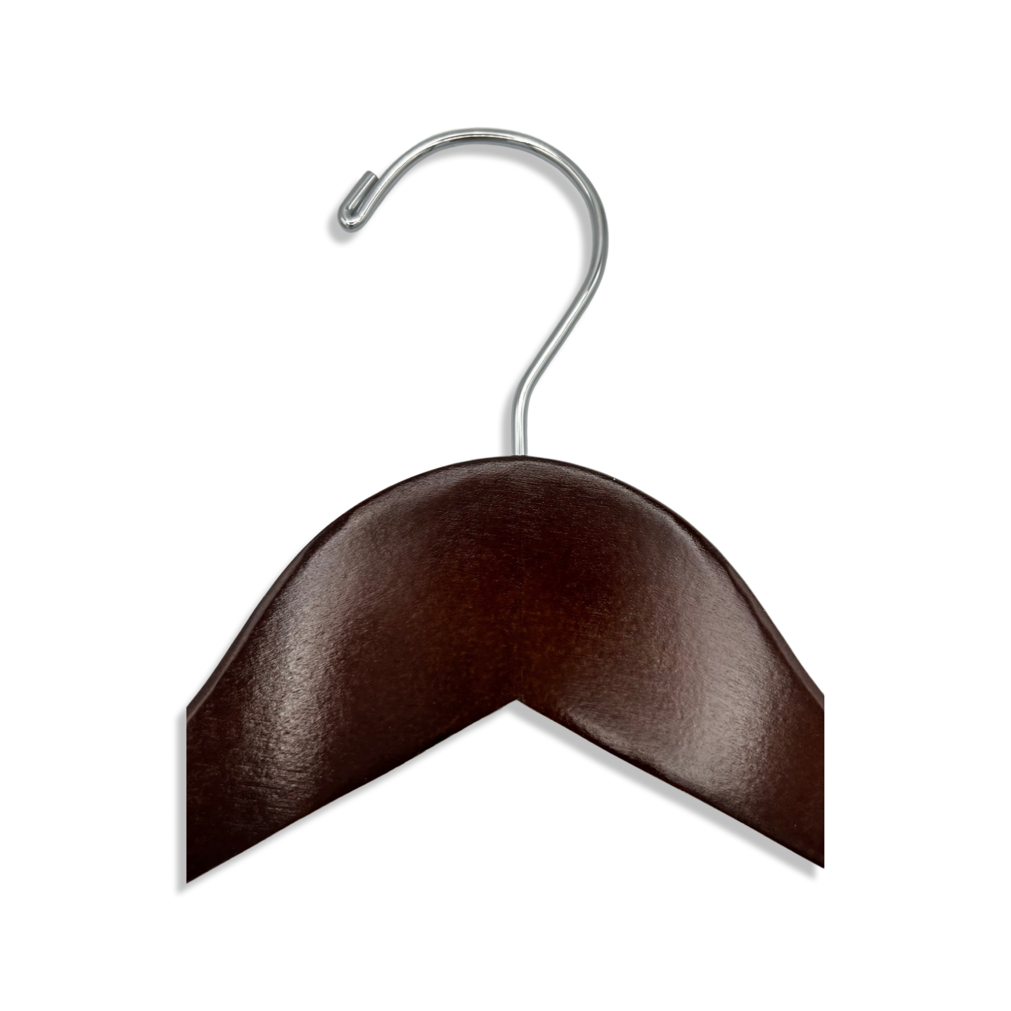 Top of a Standard Grade Dark Walnut Wooden Clothes Hanger for adults with a silver hook facing to the left