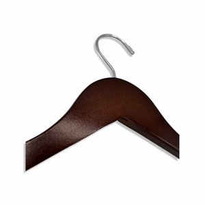 Dark Walnut Wooden Clothes Hanger lying down with a silver hook facing to the right