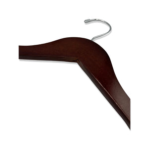 Dark Walnut Wooden Clothes Hanger lying down with a silver hook facing to the left