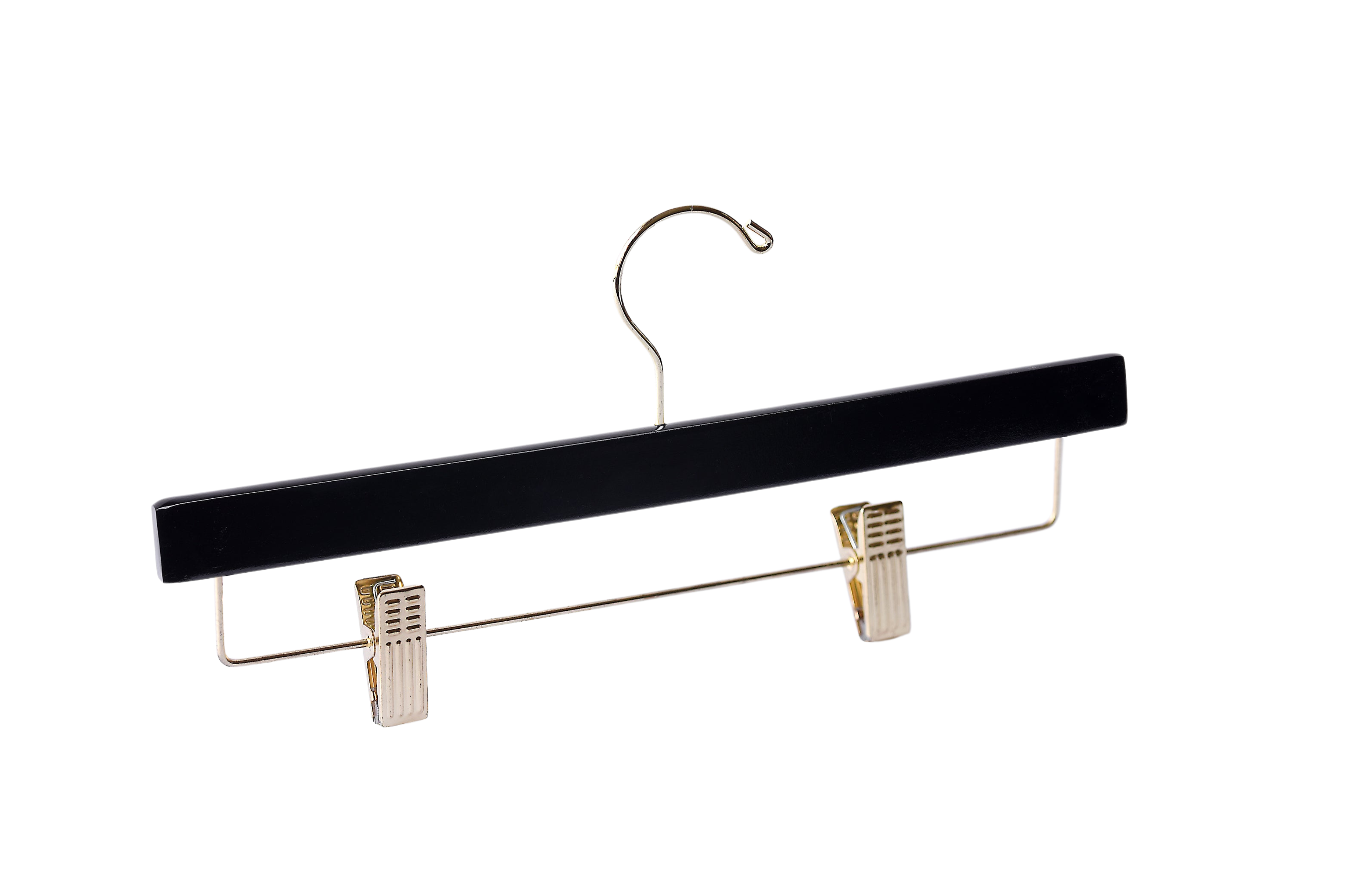Matte Black Wooden Bottom Hanger with a gold hook and adjustable cushion clips for residential closets and retail stores #hardware-color_gold