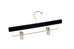Load image into Gallery viewer, Matte Black Wooden Bottom Hanger with a gold hook and adjustable cushion clips for residential closets and retail stores #hardware-color_gold
