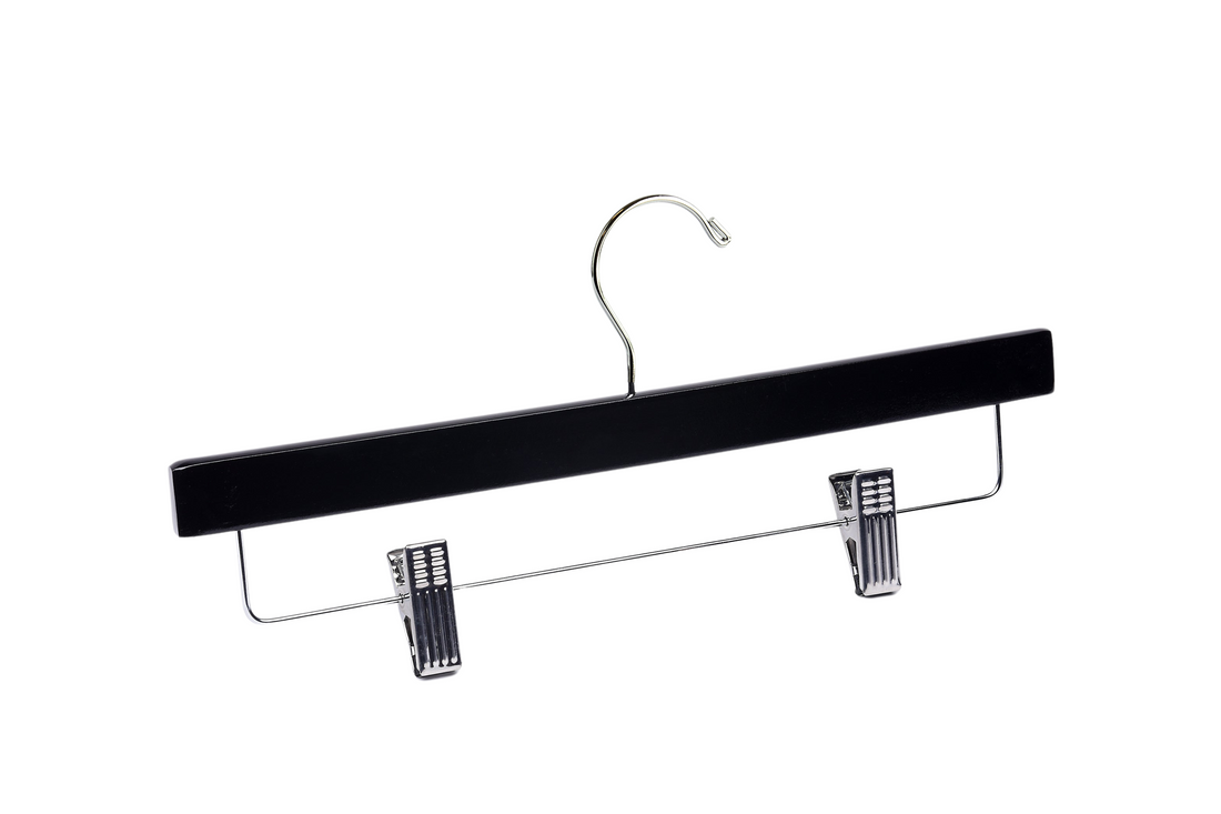 Matte Black Wooden Bottom Hanger with a silver hook and adjustable cushion clips for residential closets and retail stores