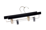 Load image into Gallery viewer, Two Matte Black Wood Bottom Hangers with a silver hook, a gold hook, and cushion clips for home closets and retail stores #hardware-color_silver
