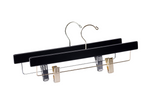 Load image into Gallery viewer, Two Matte Black Wood Bottom Hangers with a gold hook, a silver hook, and cushion clips for home closets and retail stores #hardware-color_gold
